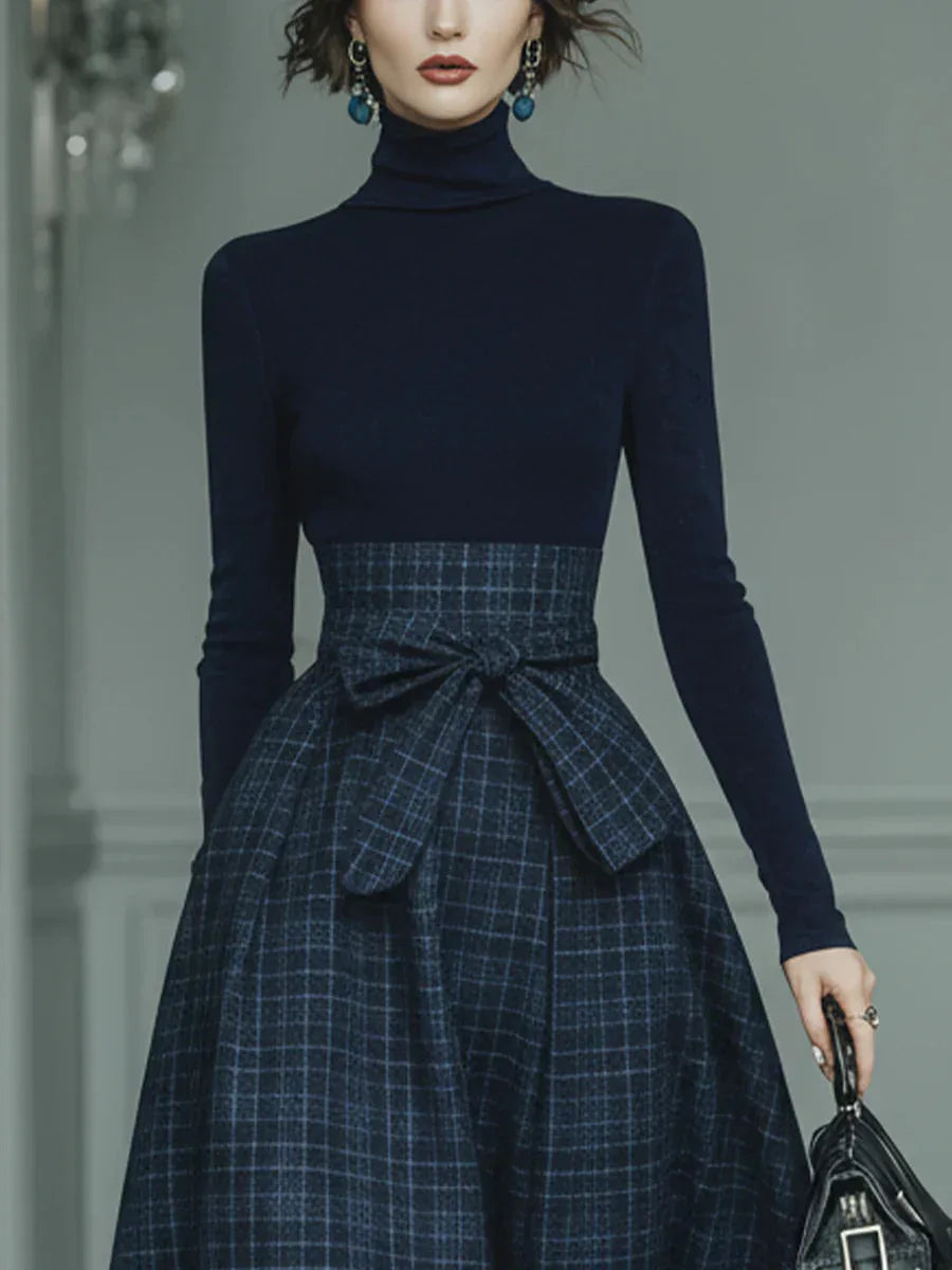 Dark blue turtleneck stretch top and plaid skirt set - NuaVibe