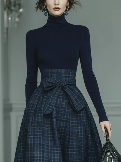 Dark blue turtleneck stretch top and plaid skirt set - NuaVibe
