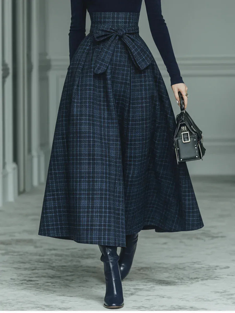Dark blue turtleneck stretch top and plaid skirt set - NuaVibe