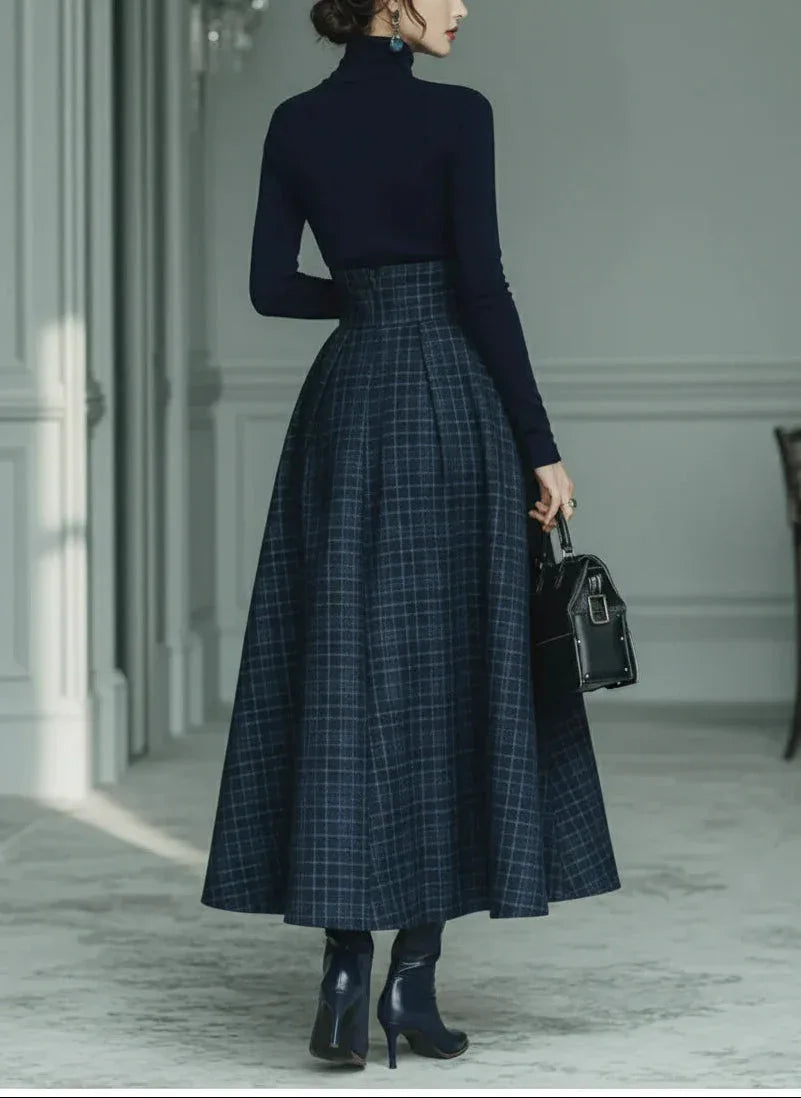 Dark blue turtleneck stretch top and plaid skirt set - NuaVibe