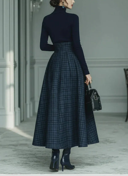 Dark blue turtleneck stretch top and plaid skirt set - NuaVibe
