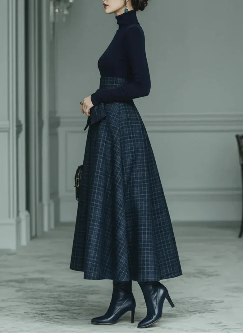 Dark blue turtleneck stretch top and plaid skirt set - NuaVibe