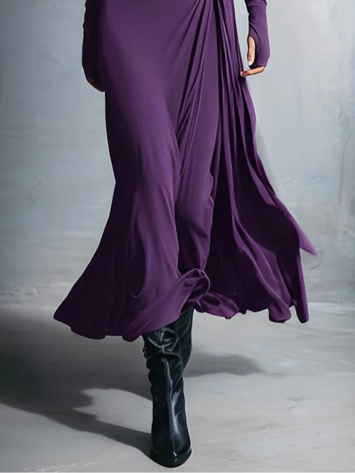 Purple elegant stretch blend fabric knotted long wrap dress