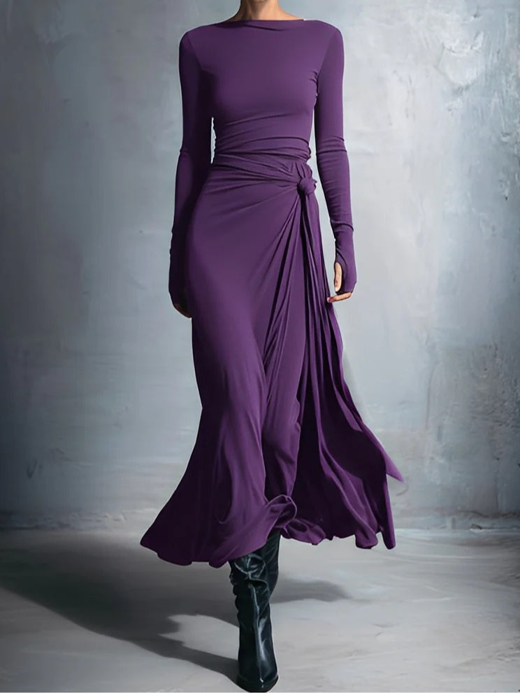 Purple elegant stretch blend fabric knotted long wrap dress