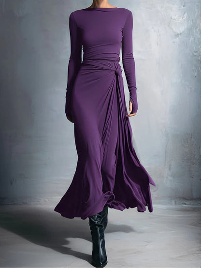 Purple elegant stretch blend fabric knotted long wrap dress