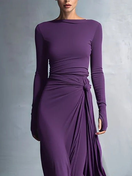 Purple elegant stretch blend fabric knotted long wrap dress