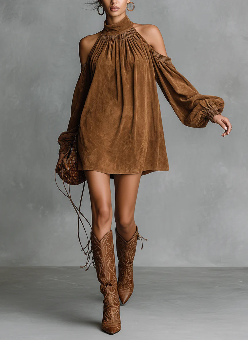 Loose-fitting faux suede high-neck lantern sleeve mini dress