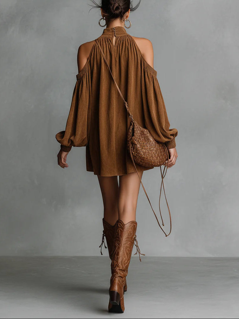 Loose-fitting faux suede high-neck lantern sleeve mini dress