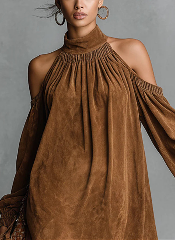 Loose-fitting faux suede high-neck lantern sleeve mini dress