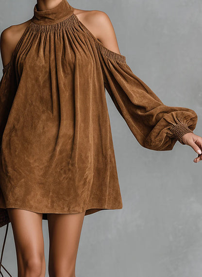 Loose-fitting faux suede high-neck lantern sleeve mini dress