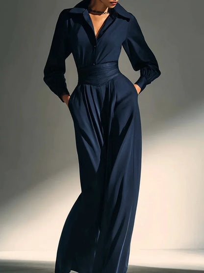 Navy Elegant Collared Wide-Leg Tailored Jumpsuit - NuaVibe