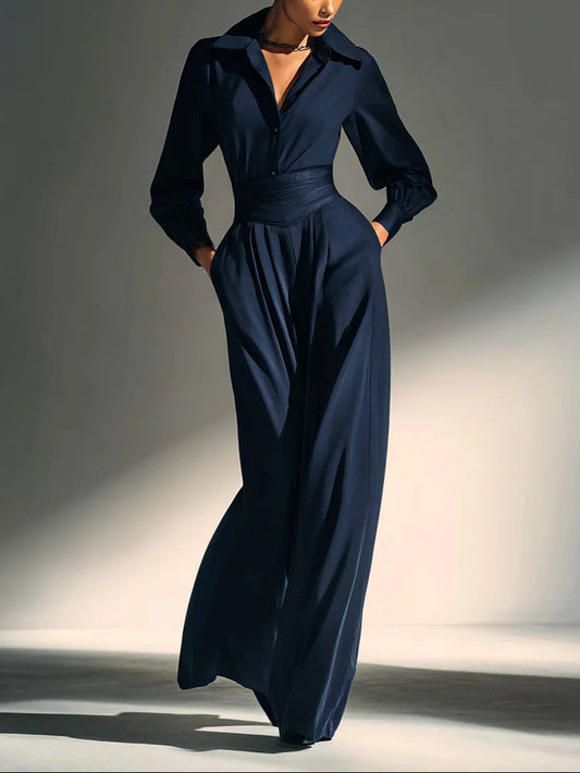 Navy Elegant Collared Wide-Leg Tailored Jumpsuit