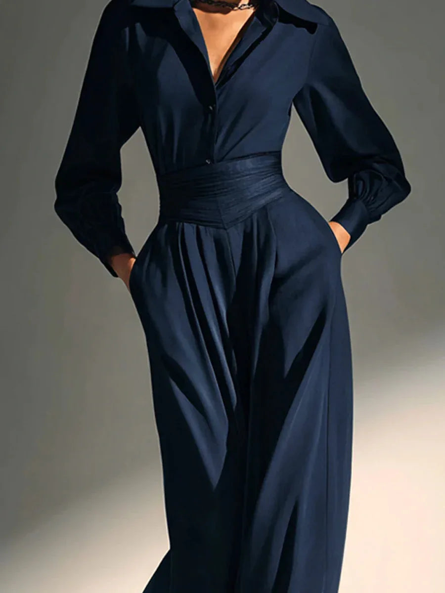 Navy Elegant Collared Wide-Leg Tailored Jumpsuit - NuaVibe