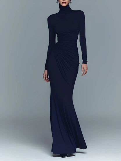 Navy Elegant Stretch Polyester-Cotton Blend Turtleneck Draped Maxi Dress
