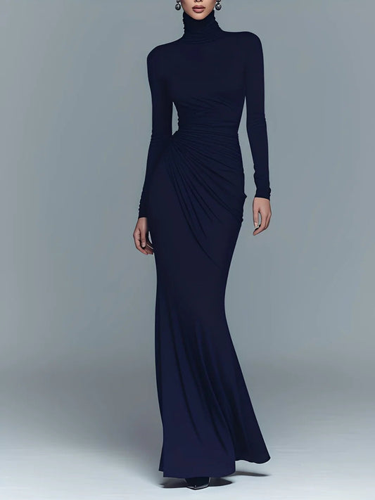 Navy Elegant Stretch Polyester-Cotton Blend Turtleneck Draped Maxi Dress