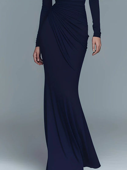 Navy Elegant Stretch Polyester-Cotton Blend Turtleneck Draped Maxi Dress