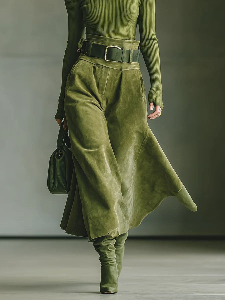 Olive green off-shoulder top and faux suede skirt set（Includes belt）