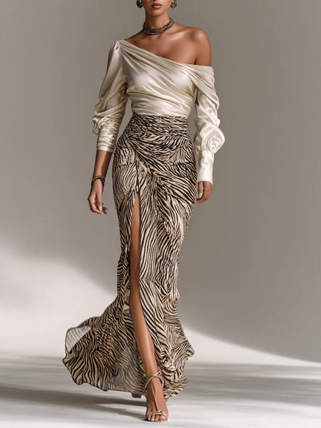 Satin off-the-shoulder top with zebra-print slit skirt two-piece set