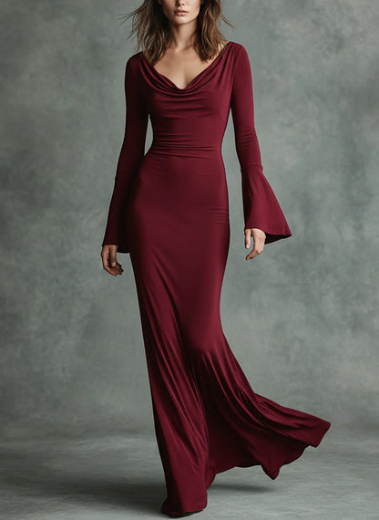 Slim-fit Stretch Fabric Halter Neck And Bell Sleeve Maxi Dress