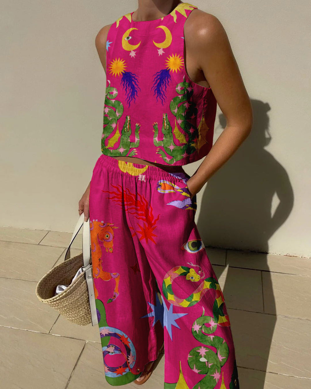 Unique Print Tank And Elastic Waist Pocketed Pants Set