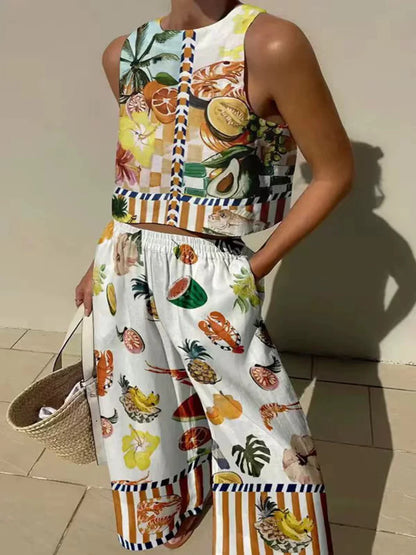 Unique Print Tank And Elastic Waist Pocketed Pants Set