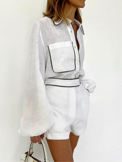 Black an White Contrast Cotton and Linen Shirt and Shorts Two-piece Set