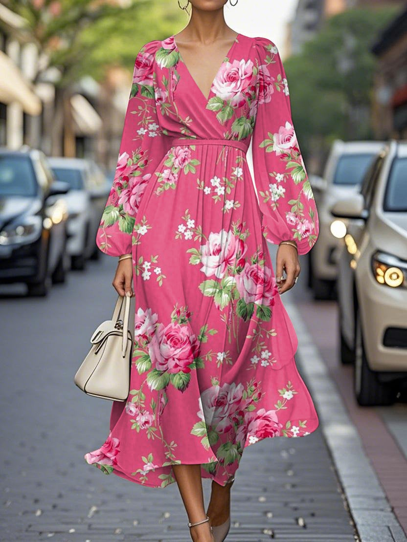Elegant Floral V-neck Chiffon Pleated Midi Dress