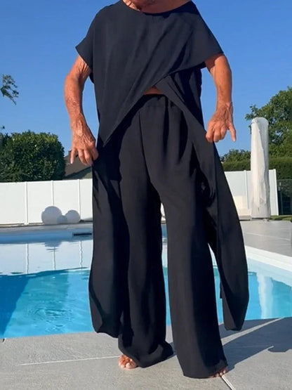 Breathable Wide-leg Pants and Tapered Long Short-sleeved Top Set