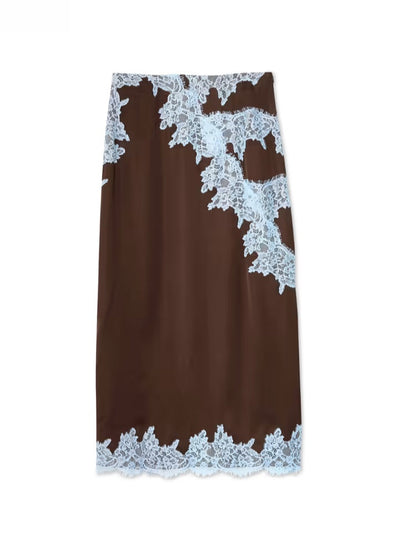 Elegant Brown and Blue Lace Panel Top + Skirt Suit Set