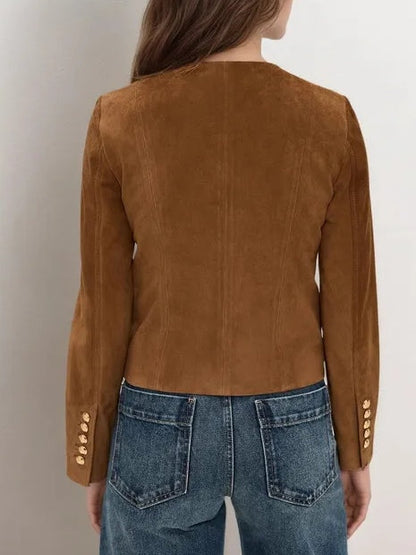 Brown Suede Single-breasted Cropped Jacket