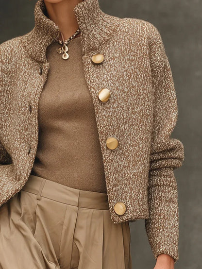Camel Turtleneck Button-Down Cardigan Sweater