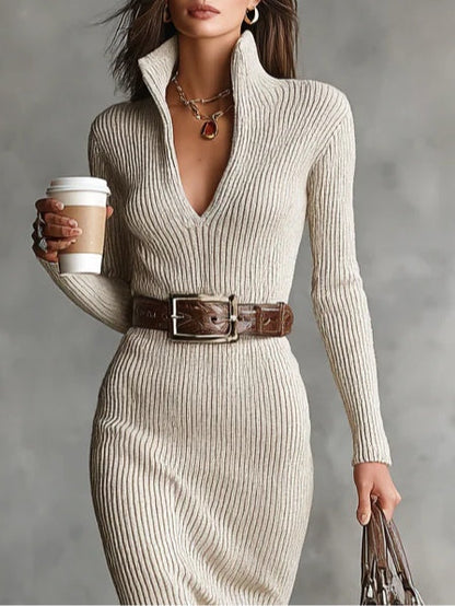 Slim Fit Half Turtleneck V-Neck Long Sleeve Knitted Belted Midi Dress