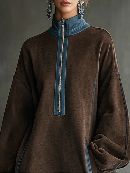 Brown Faux Suede Turtleneck Zippered Oversized Mini Dress