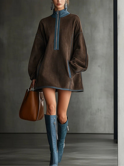 Brown Faux Suede Turtleneck Zippered Oversized Mini Dress