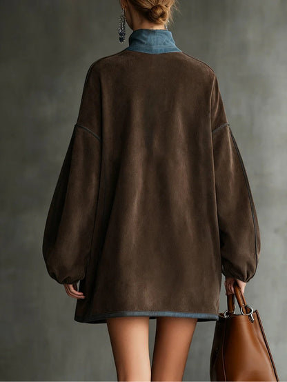 Brown Faux Suede Turtleneck Zippered Oversized Mini Dress