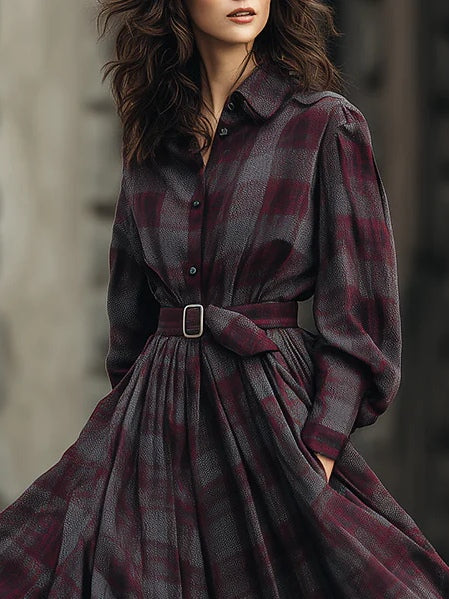 Elegant Purple Plaid Print Lantern Sleeve Shirt Maxi Dress (With Belt)