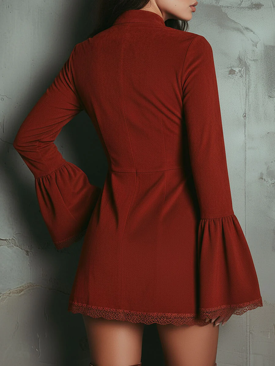Vintage Rust Red Bell Sleeve Embroidered Faux Suede Lace Mini Dress