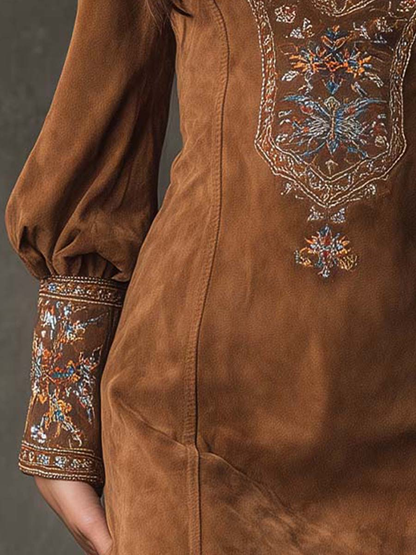 Vintage Brown V-Neck Suede Embroidered Mini Dress