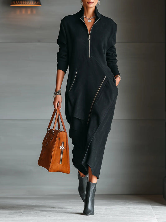 Black Faux Suede Stand Collar Half Zipper Simple Maxi Dress