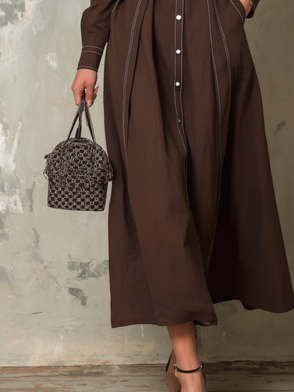 Vintage Dark Brown Contrast Stitching Pocket Maxi Dress