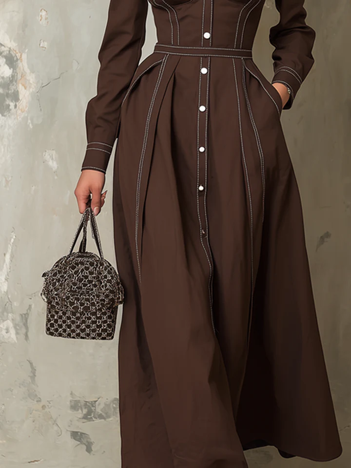 Vintage Dark Brown Contrast Stitching Pocket Maxi Dress