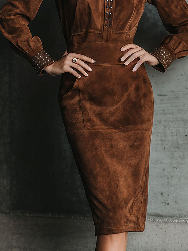 Elegant Brown Suede Studded Slim-Fit Shirt Midi Dress