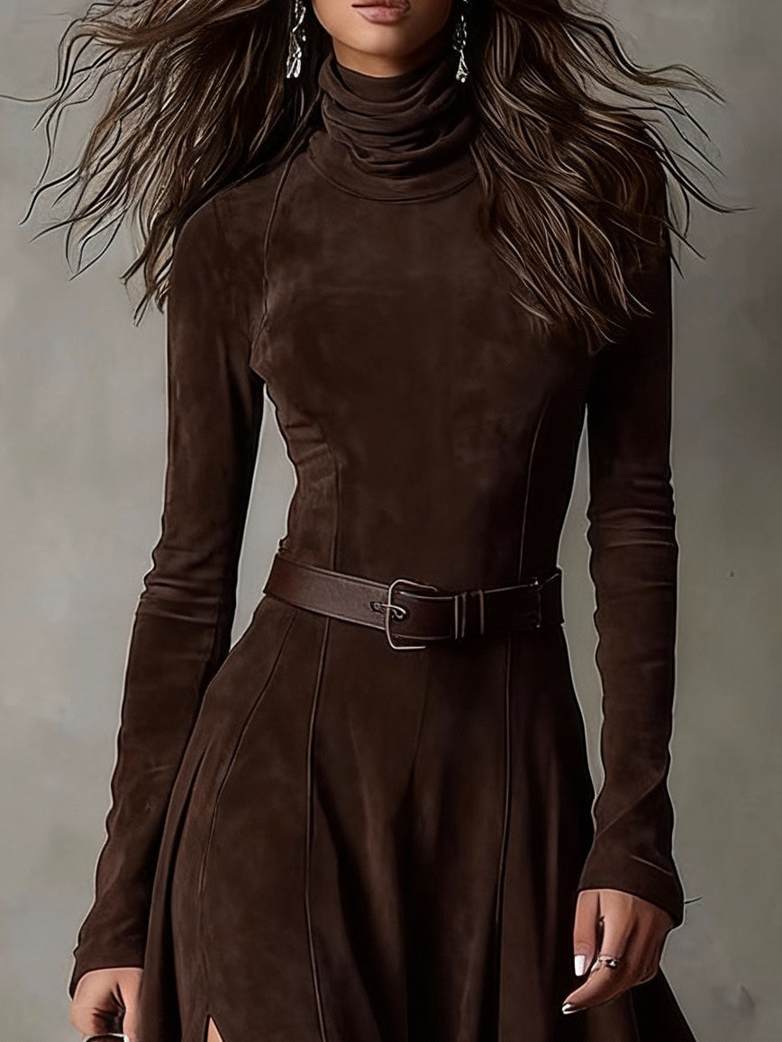 Dark Brown Faux Suede Turtleneck Long Sleeve Slit Maxi Dress