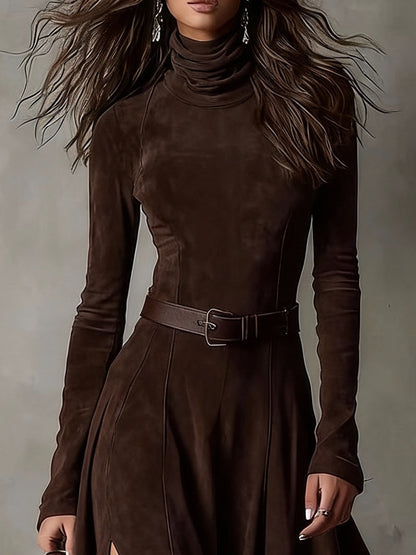 Dark Brown Faux Suede Turtleneck Long Sleeve Slit Maxi Dress