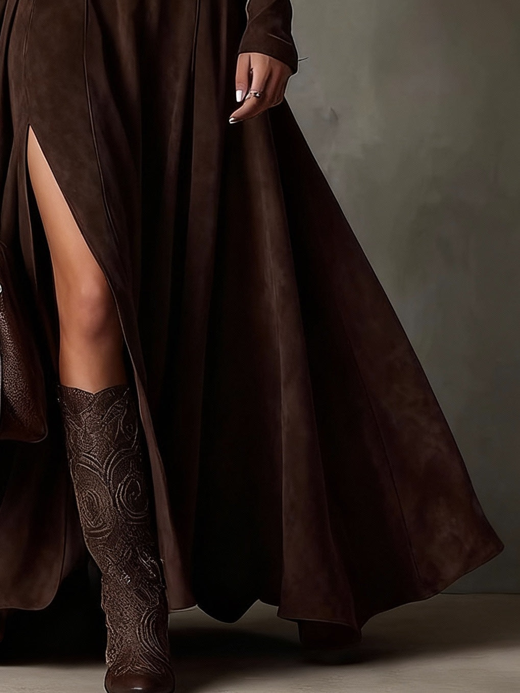 Dark Brown Faux Suede Turtleneck Long Sleeve Slit Maxi Dress