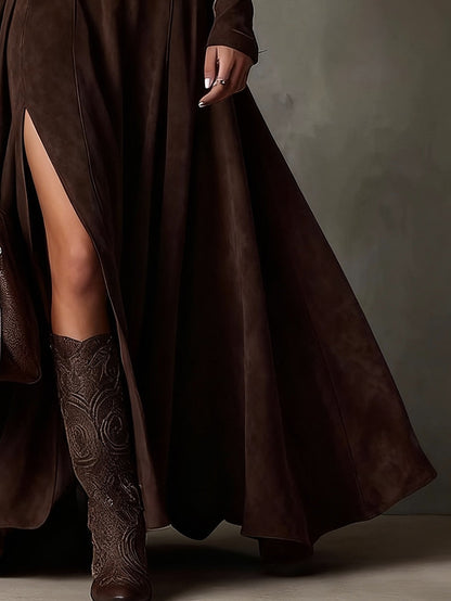 Dark Brown Faux Suede Turtleneck Long Sleeve Slit Maxi Dress
