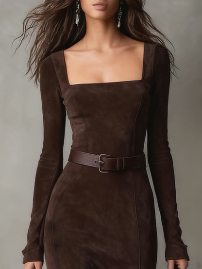 Elegant Dark Brown Faux Suede Square Neck Maxi Dress