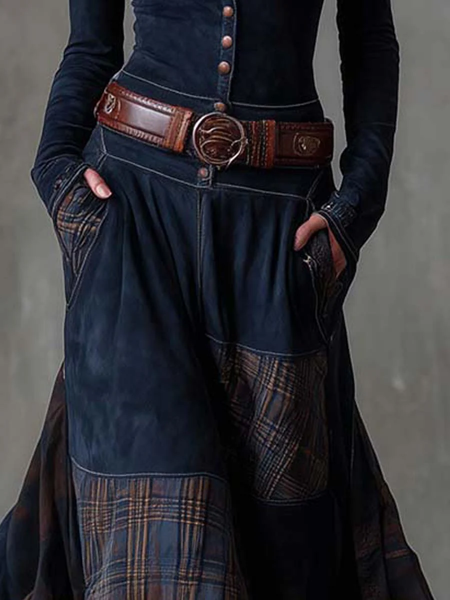 Navy Plaid Paneled Vintage Suede Maxi Dress