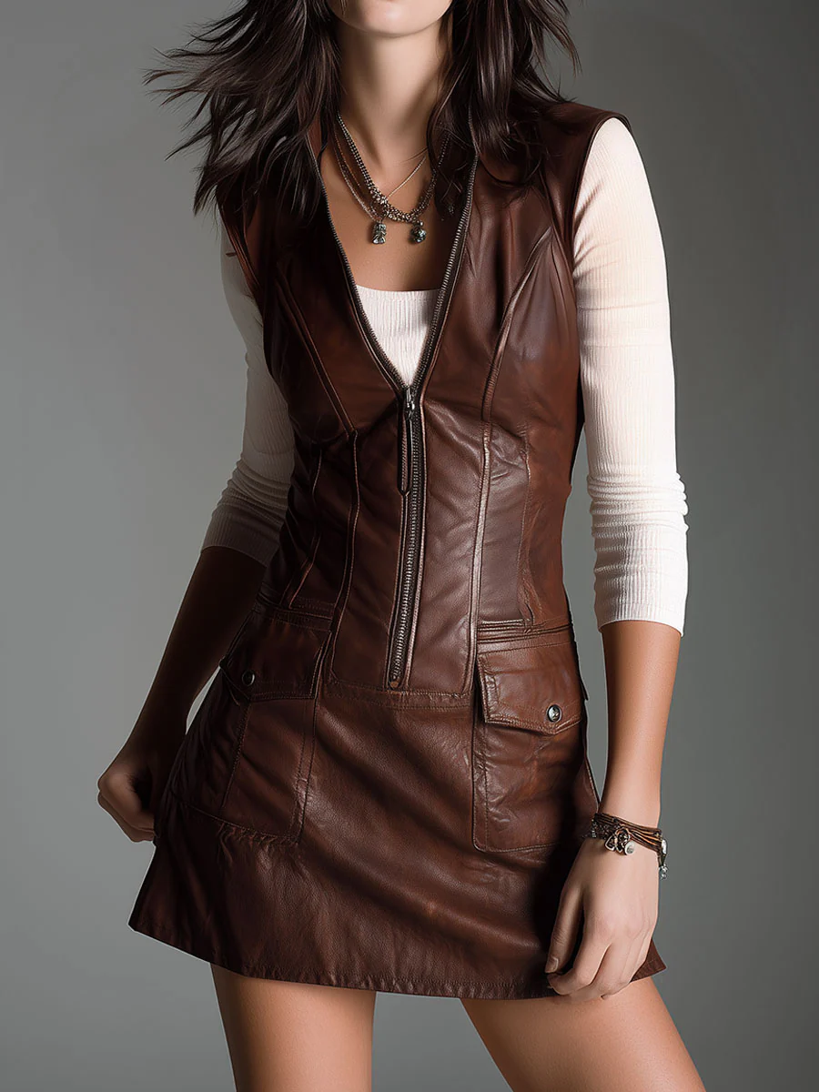 Chocolate Brown Eco-Leather Zip-Up Mini Dress
