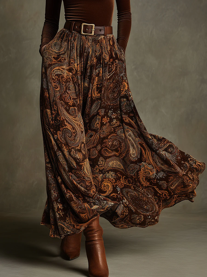 Vintage Stretch Velvet Top and Paisley Print Maxi Skirt Set(with belt)